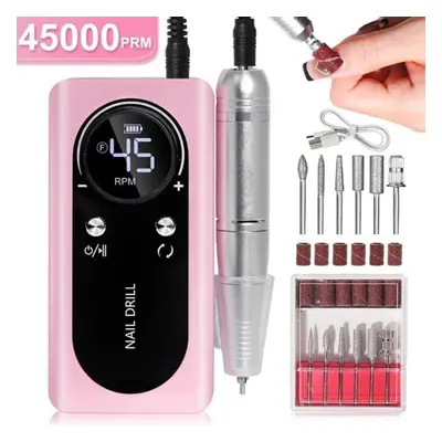 (pink) Nail Drill Machine With Lcd 45000rpm Rechargeable Low Noise Professional Nail Polish Sand