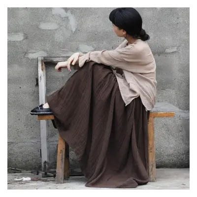 (One Size, brown) Johnature Women Cotton Linen Elastice Waist Floor Length Autumn Pleated Casual