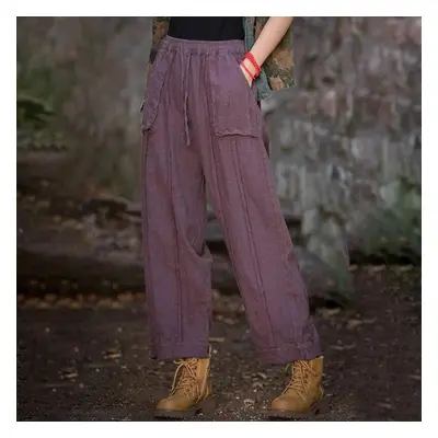 (purple, One Size) Johnature Women Vintage Striped Pants Patchwork Pockets Solid Color Autumn Tr