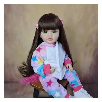 (same as picture) Bzdoll Reborn Baby Girl Doll Cm Inch Soft Silicone Lifelike Long Brown Hair Pr