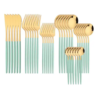 (mint,gold) 36pcs Gold Dinnerware Cutlery Set Knife Dessert Fork Coffee Spoon Tableware Western 