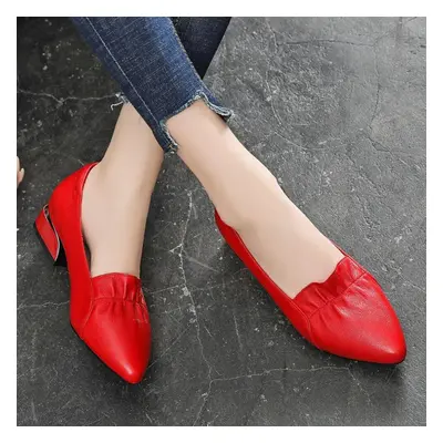 (red, 39) Large Size Women Spring Autumn Low Cut Genuine Leather Pointed Toe Slip On Chunky Heel