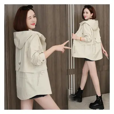 (beige, S) Comfortable And Chic Women&apos;s Hooded Windbreaker Loose Fit Casual Outerwear