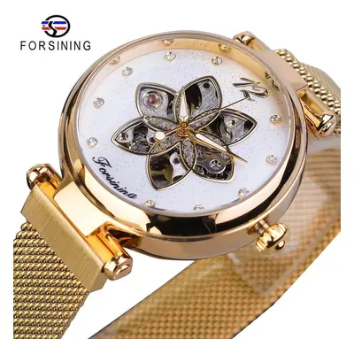 (white) Forsinging New Top Ladies Watch Elegant Ladies Watch Skeleton Automatic Mechanical Watch