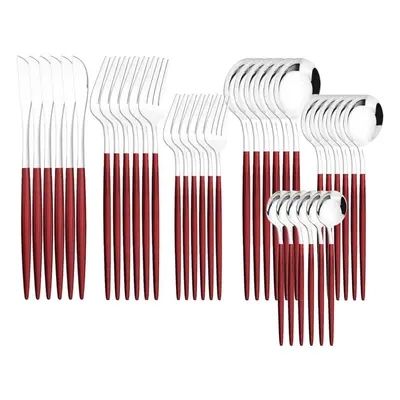 (red,silver) 36pcs Gold Dinnerware Cutlery Set Knife Dessert Fork Coffee Spoon Tableware Western