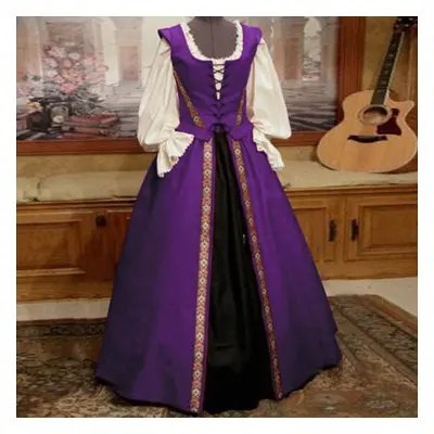 (purple, 3XL) Stylish Medieval Renaissance Style Square Neck Waist-slimming Big Pendulum Two-pie