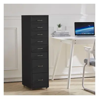 (Black) 8-Drawer Metal Office Filing Cabinet Compact Storage w/ Wheels