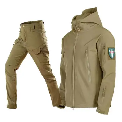 (khaki, S) Military Shark Skin Soft Shell Suits Men Tactical Windproof Waterproof Jacket Men Arm