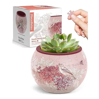 PieceRelax 3D Puzzle Planter - Singing Birds and Flowers - Small Round Plant Pots with Drainage 