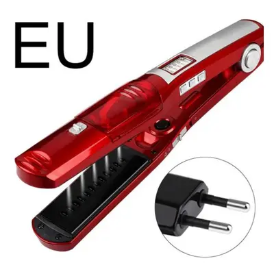 (red, EU Plug) Ceramic Fast Heat Dry Wet Dual Straightener Steam Hair Use Electric Bangs Curler