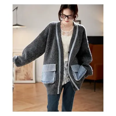 (One Size, grey) Dimanaf Autumn New Women Sweaters Coat Patchwork Wadded Coat Cardigan Knitting 