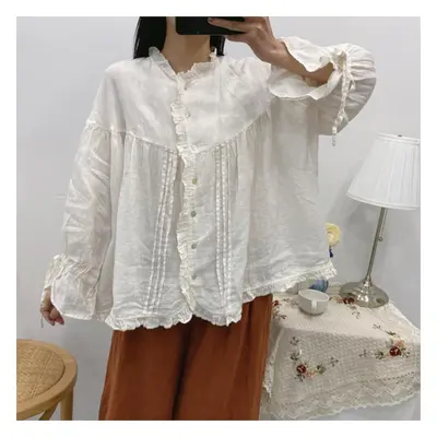 (ivory, One Size) Johnature Ruffles Linen Lace-up Women Shirts Tops Spring Summer Vintage Mori L