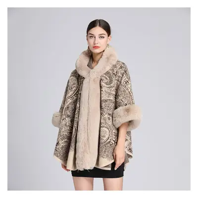 (beige, One Size) Winter Women&apos;s Shawl Cape Fur Collar Jacquard Hooded Large Size Seven-poi