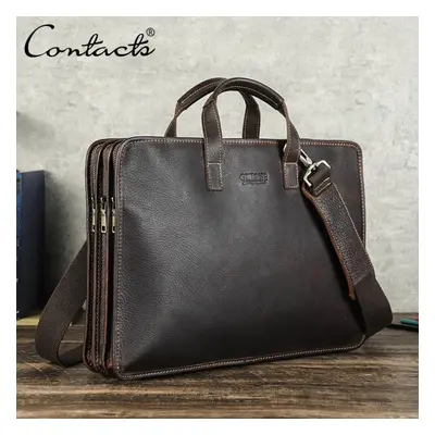 (coffee) Contact&apos;s Genuine Leather Briefcase Shoulder Messenger Bags 15.6 Inch Laptop Bags 