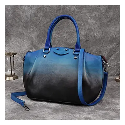 (blue) Vintage Genuine Leather Handbag Large Capacity Women Bag Soft Cowhide Shoulder Messenger 