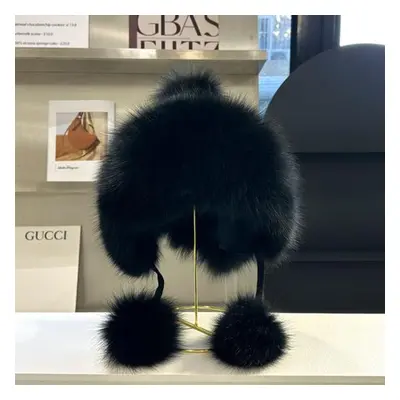 (black, One Size) Warm And Soft Knit Hat With Genuine Fox Fur, Ear Protection And Pom Pom Ball