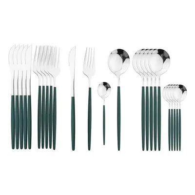 (green,silver, 24pcs) 24pcs Black Handle Golden Cutlery Set Stainless Steel Knife Fork Spoon Tab