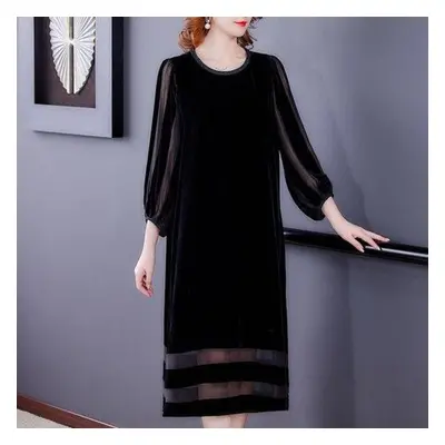 (black, XXXL) Female Black Velvet Loose Maxi Dress Spring Autumn Vintage Mesh Patchwork Sexy Dre