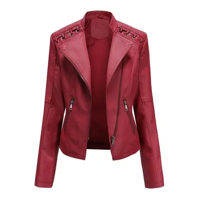 (red, 4XL) Women Autumn Winter Turn Down Collar Long Sleeve Slim Thin Zipper Pu Leather Motorcyc