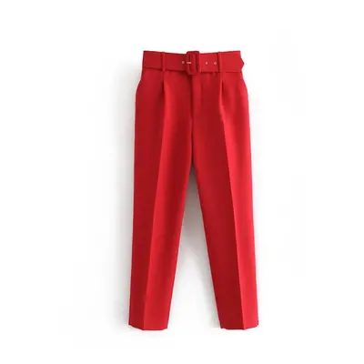 (red, XS) Pants Suit Women High Waist Sashes Pockets Middle Aged Long Pant