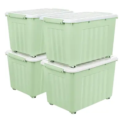 (55L*4) 55L*4 Storage Box with Wheels, Plastic Storage Box with Lid, Snap Buckle, Click Close, S