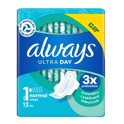 Always Ultra Day Pads Normal (S1) Wings x13 (Case of x 13pk)