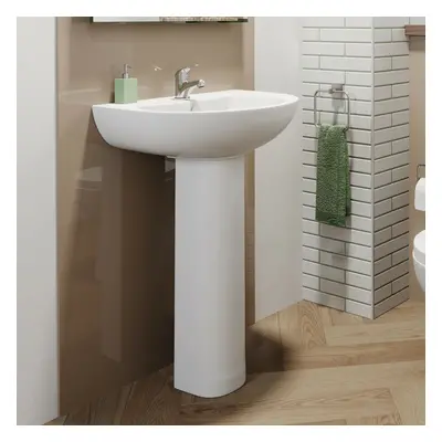 Bathroom Wash Basin Sink Full Pedestal Single Tap Hole Modern Cloakroom White