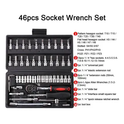 (black) 46pcs Socket Ratchet Car Repair Tool Wrench Set Head Ratchet Pawl Socket Spanner Screwdr