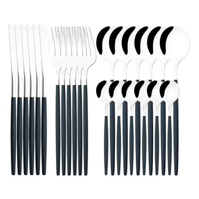 (green,silver, 24pcs with box) Luxury 24pcs Rose Gold Dinnerware Set Knife Fork Spoon Cutlery Se