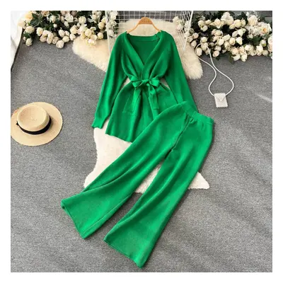 (army green, One Size) Autumn Two-piece Suit Niche Design Lace-up Waist Long-sleeved Knitted Car