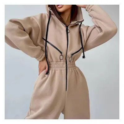 (apricot, XL) Women Solid Color Bodysuit Long Sleeve Hooded O Neck Hoodies Suit Autumn Winter Lo