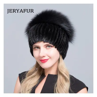 (black) Jeryafur Warm Real Natural Mink Fur Hat Female Mix Color Sliver Fox Fur Women Winter Hat