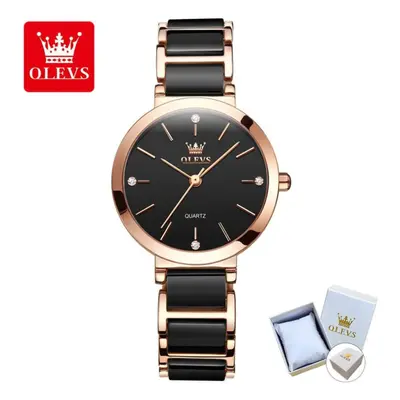 (black) Olevs With Gift Box Ceramic Strap Quartz Watch Simple Trend Ladies Watch