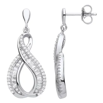 Jewelco London Ladies Rhodium Plated Sterling Silver Baguette CZ Warped Figure Infinity Eternity