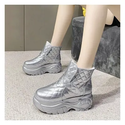 (silver, 40) Platform Boots For Women Winter Shoes Black White Silver Patent Leather Snow Boots 