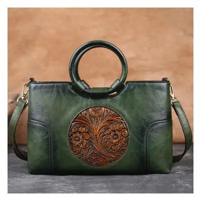 (green) Johnature High Quality Leather Women Bag Retro Handmade Embossed Shoulder Bags Large Cap