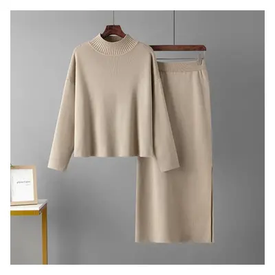 (khaki, One Size) Women&apos;s Autumn Loose Fashion Two Piece Set Sweater Solid Color All Match 