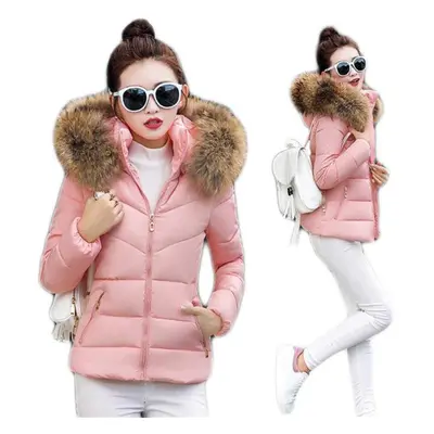 (pink, XXXL) Women Winter Warm Coat Fake Fur Collar Parka Down Solid Color Full Sleeve Long Thic