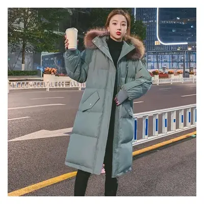 (green, S) Down Jacket Winter Korean Fashion Big Fur Collar Mid-length Hooded Thick Warm Large S