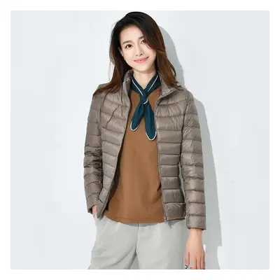 (tan, M) Women&apos;s Down Jacket Winter Short Hooded Warm Slim Fashion Solid Color Jacket