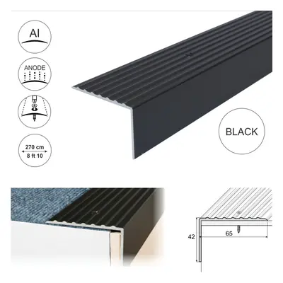 (2.7m, Black) A32 x 42mm Anodised Aluminium Non Slip Ribbed Treads Stair Nosing Edge Trim