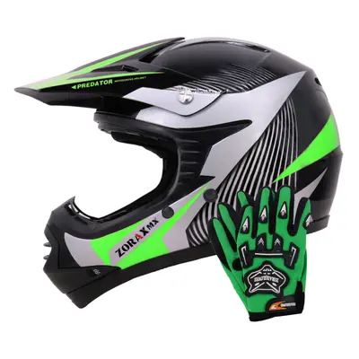 (Green, L) Zorax ZOR-X19 PREDATOR Kids Motocross Motorbike MX Helmet ECE & Gloves