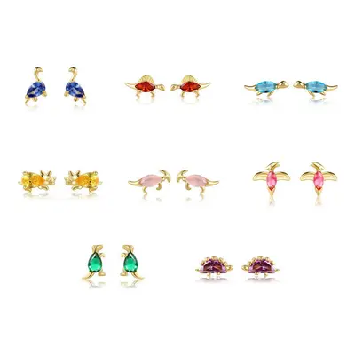 925 Sterling Silver pair/Set Small Dinosaur Series Stud Earrings for Women Colorful Zircon Anima