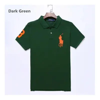 (Dark green, L) Men's Custom Fit Polo Shirt Cotton Short Sleeve Large Pony Polo Top