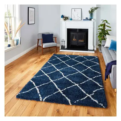 (Navy/Cream, x cm) Diamond Geometric Shaggy Rugs Nordic Scandi Barber Style Rug Soft Warm Small 