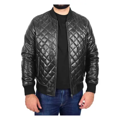 (M) Mens Bomber Leather Jacket Black Fully Quilted Padded Fitted Varsity - Darren