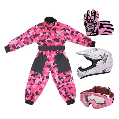 (Pink Butterfly, XS) ZORAX X18 Kids Motocross MX Helmet Motorbike Camo Suit Karting Gloves Goggl