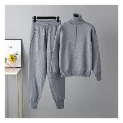 (gray, One Size) Winter Women&apos;s Sweater Set Casual Fashion High Neck Solid Color Sweater Kn