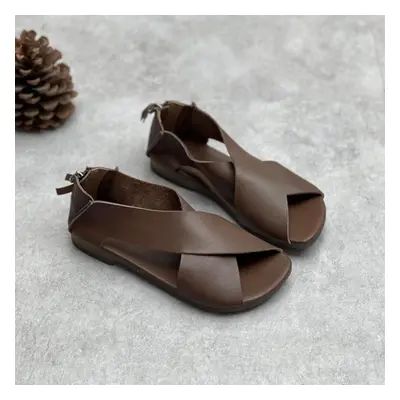 (coffee, 39) Johnature Peep Toe Flat Sandals Retro Handmade Genuine Leather Soft Sole Comfortabl