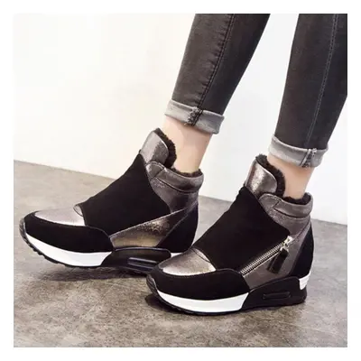 (black, 36) Cow Leather Shoes Women Winter Boots Height Increasing Flat Platform Winter Shoes Wo